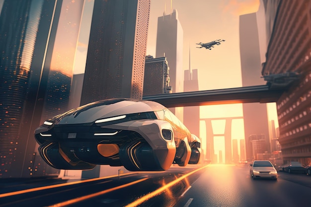 Vehículo autónomo que transporta pasajeros entre edificios en un paisaje urbano futurista