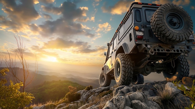 Foto vehículo de aventura todo terreno 4x4 con paisaje pintoresco