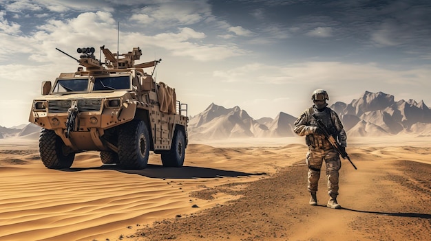 Vehículo blindado en el desierto Un vehículo de apoyo y escolta de infantería durante una operación militar en el desierto El concepto de asuntos militares modernos
