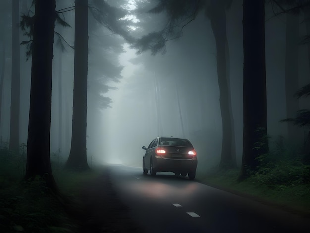 Vehículo en la carretera en el bosque oscuro por la noche con niebla