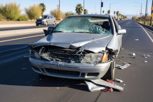 Vehículo dañado con parabrisas roto en la carretera