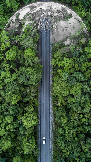 Vehículo eléctrico automóvil atravesando el bosque EV energía eléctrica para el medio ambiente Tecnología de energía natural objetivos de desarrollo sostenible energía verde Ecología del ecosistema medio ambiente saludable viaje por carretera