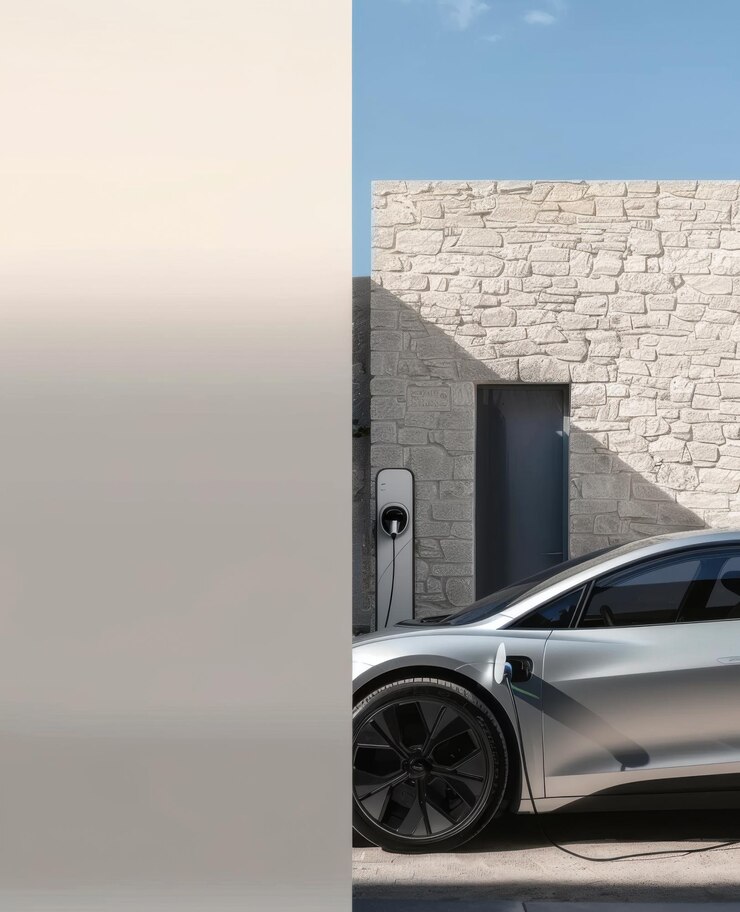 vehículo eléctrico cargando fuera de una casa con espacio en blanco en el lado izquierdo y el derecho