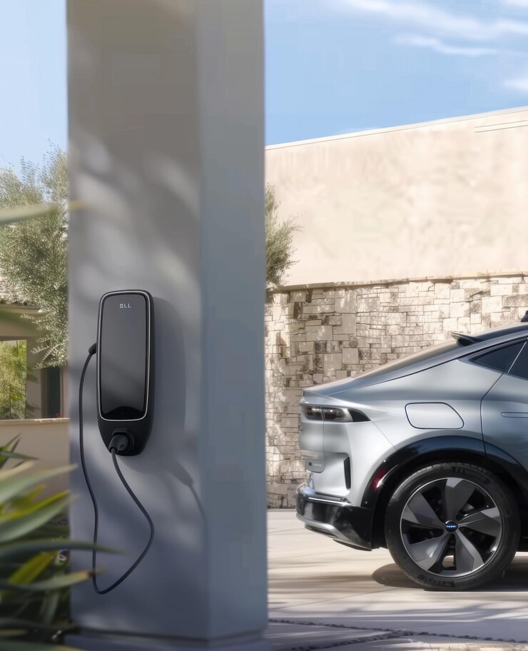 vehículo eléctrico cargando fuera de una casa con espacio en blanco en el lado izquierdo y el derecho