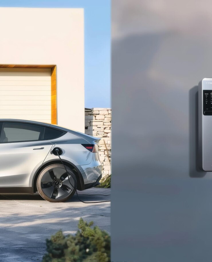 vehículo eléctrico cargando fuera de una casa con espacio en blanco en el lado izquierdo y el derecho