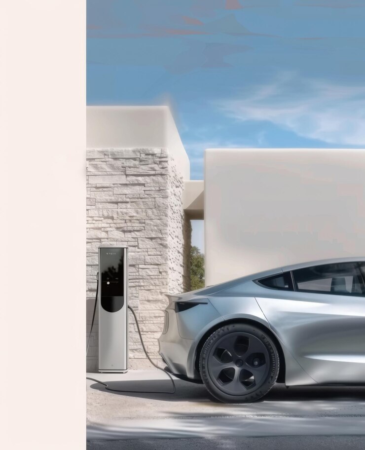 vehículo eléctrico cargando fuera de una casa con espacio en blanco en el lado izquierdo y el derecho