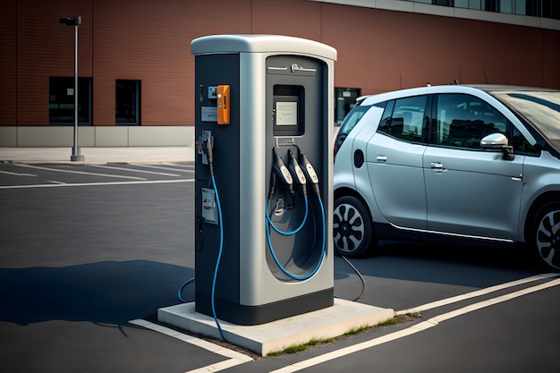 Vehículo eléctrico cerca de la estación de carga en el entorno urbano de verano durante el día arte generado por la red neuronal