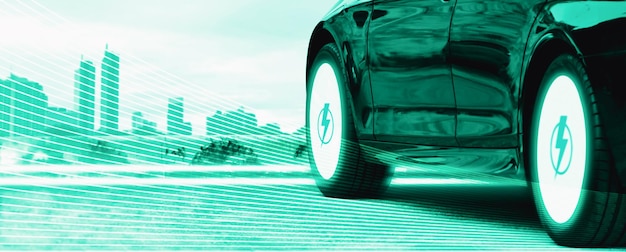 Vehículo eléctrico EV estacionado en el estacionamiento Vehículo eléctrico con un paisaje urbano en el fondo pancarta panorámica tono verde Concepto de tecnología de vehículos eléctricos