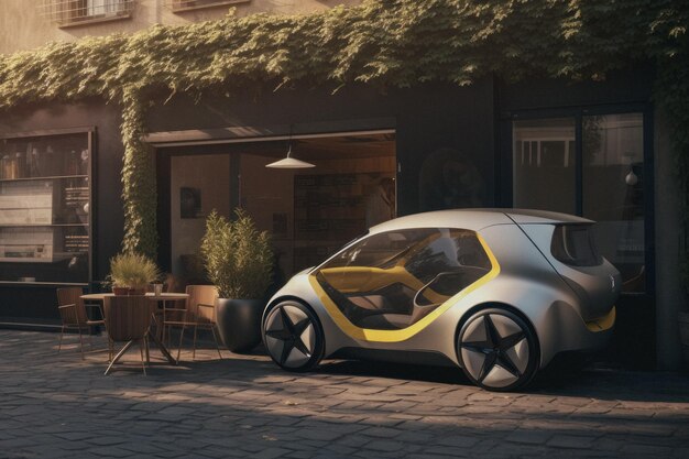Vehículo eléctrico moderno en entorno urbano generado por IA.