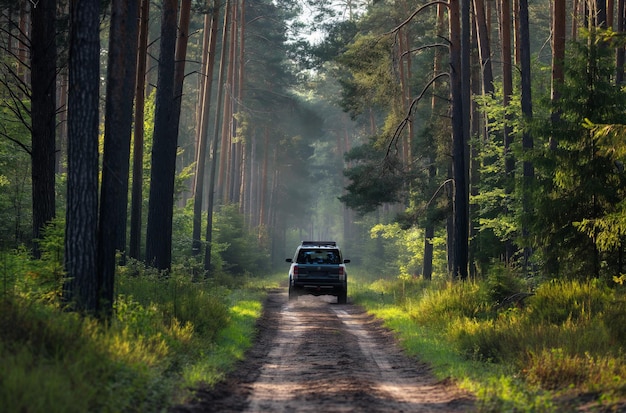 Vehículo que atraviesa una carretera forestal