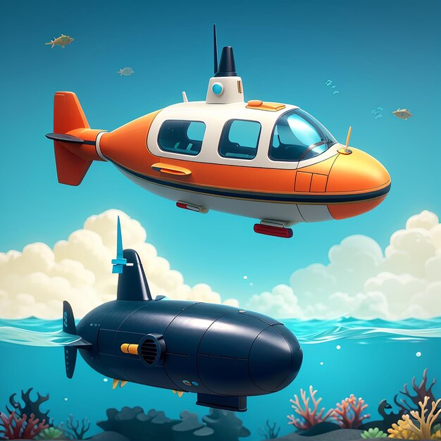 Foto vehículo submarino bajo el agua ilustración de icono vectorial de dibujos animados transporte concepto de icono de objeto aislado vector premium plano de dibuyos animados diseño de logotipo vectorial styleicon playa de agua