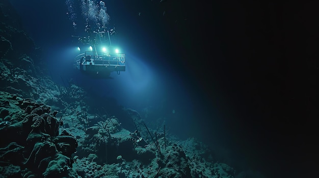 Foto un vehículo submarino autónomo auv explora un arrecife de coral por la noche