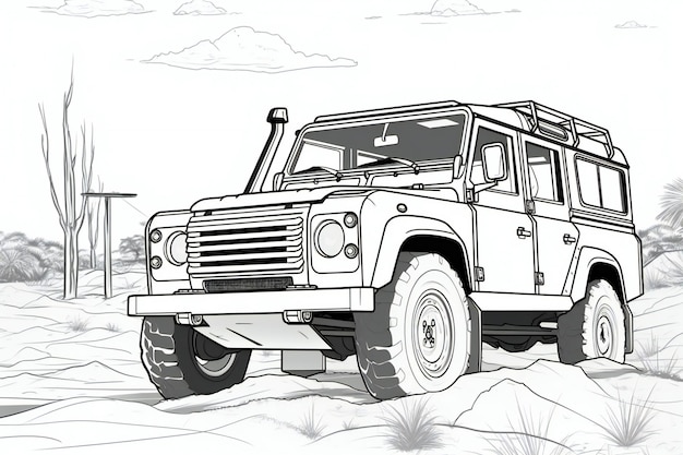Vehículo todoterreno en el desierto Ilustración en blanco y negro
