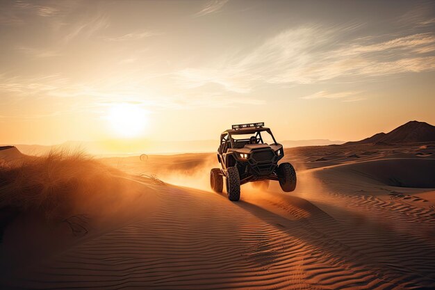 Vehículo todoterreno volando sobre dunas con la puesta de sol en el fondo creado con ai generativo