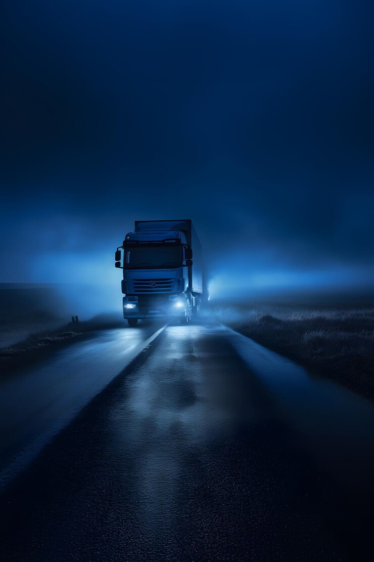 un vehículo de transporte de carga comercial que se mueve por la carretera por la noche
