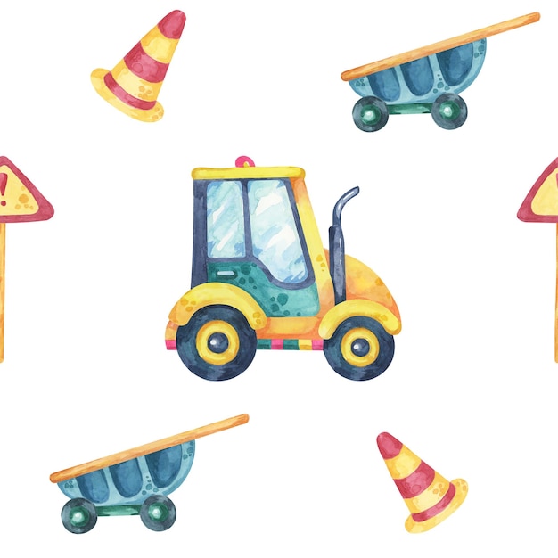 Vehículo verde amarillo carretillas azules conos de carretera a rayas y señales de tráfico patrón sin costuras acuarela clipart estilo de dibujos animados
