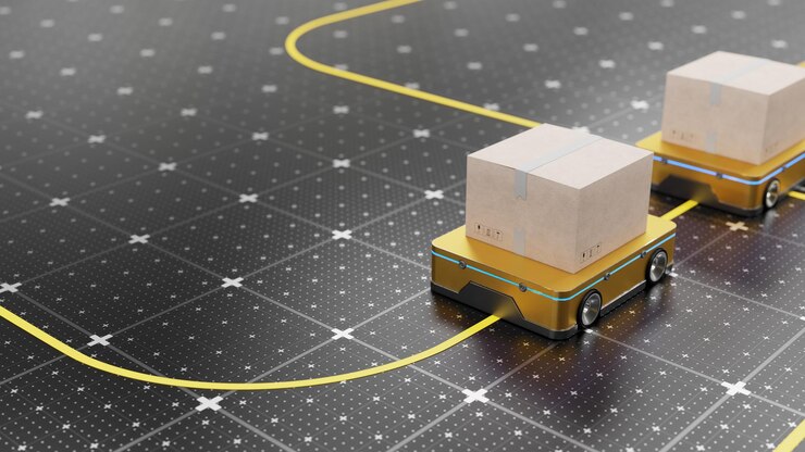Foto vehículos automatizados empaque de productos de mercancías robots agv que entregan cajas de cartón a una logística