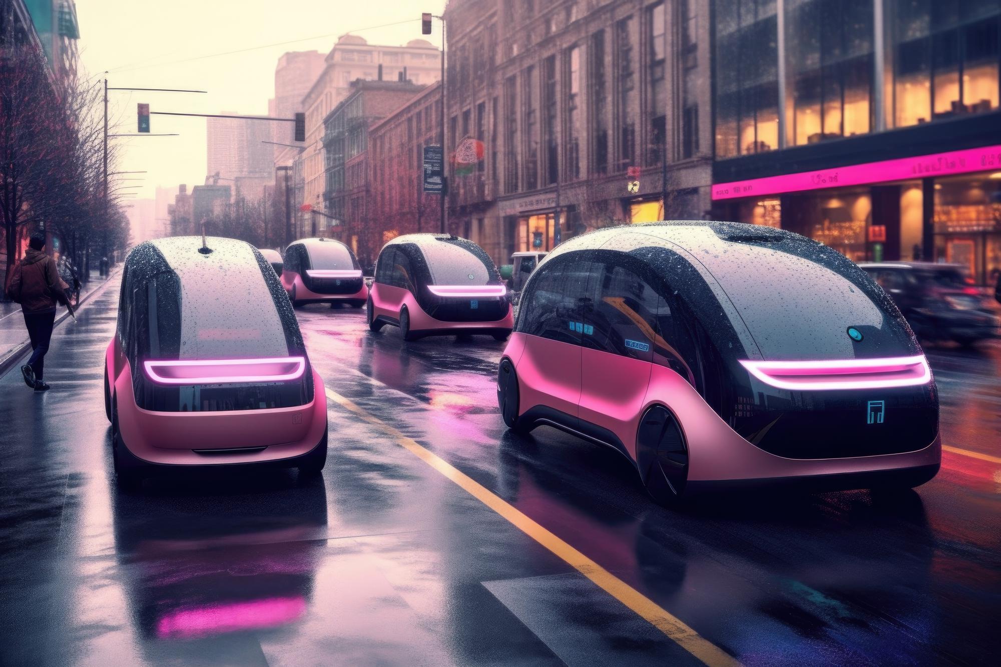 Vehículos eléctricos autónomos en calles limpias creados con IA generativa