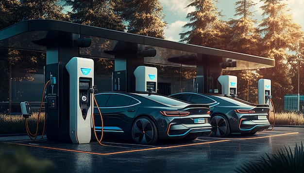 Los vehículos eléctricos y la energía eléctrica EV son buenos para el medio ambiente Automóvil eléctrico en un camino arbolado con un planeta tierra atravesándolo La IA generativa
