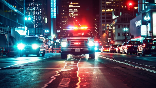 Foto vehículos de emergencia con luces intermitentes corriendo por las calles de la ciudad urgencia