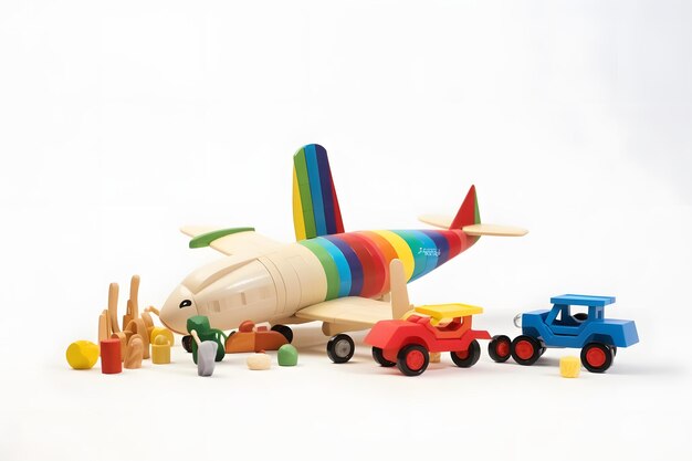 Vehículos de juguete coloridos Avión de juguete y camión con rayas de arco iris en fondo blanco IA generativa