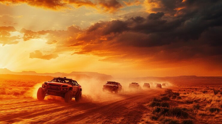 Vehículos todoterreno corriendo a través de un paisaje desértico polvoriento al atardecer