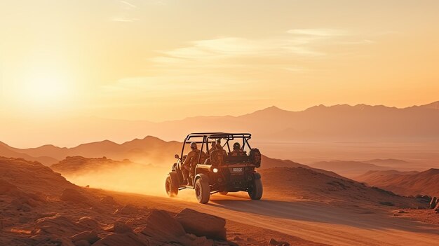 Vehículos todoterreno que conducen a través de un desierto polvoriento al atardecer para turistas en los centros turísticos de Sharm el Sheikh Egipto