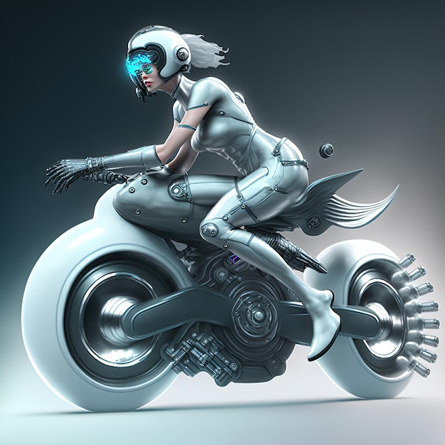 Veículo de ficção científica Mulher motociclista em um transporte futurista Bela ilustração 3d de motociclista