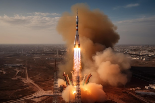 Veículo de lançamento espacial Soyuz é lançado do cosmódromo de Baikonur decolando à noite