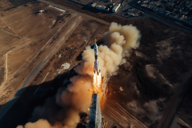 veículo de lançamento espacial Soyuz é lançado no Cosmódromo de Baikonur, decolagem em dia ensolarado, vista aérea