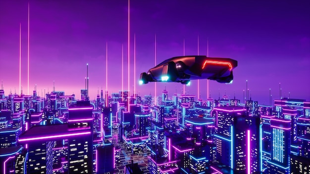Veículo de transporte futurista com renderização 3d da cidade metaverse