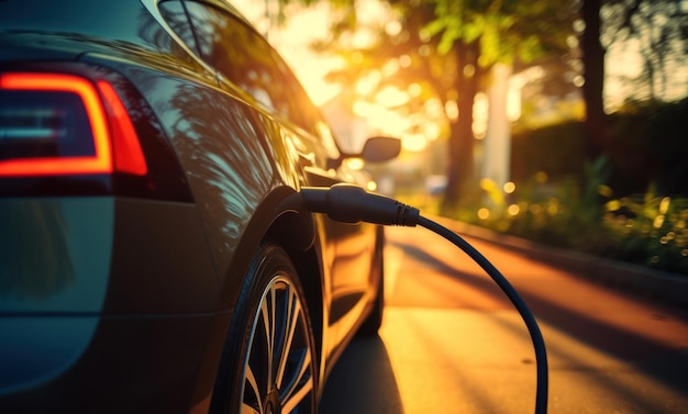 Veículo elétrico carregando o veículo em uma estação de carregamento Sunset