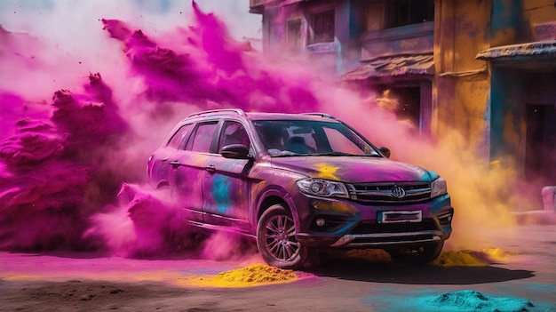 Foto veículo estacionado na estrada com espalhamento de cores