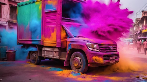 Foto veículo estacionado na estrada com espalhamento de cores