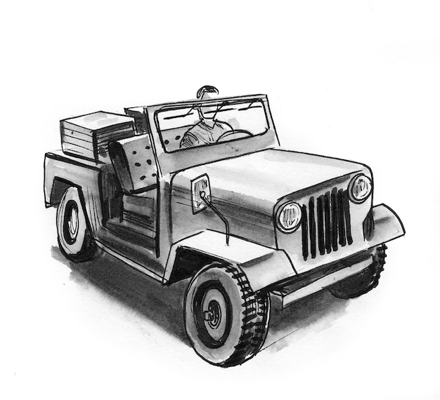 Veículo off-road militar vintage. Desenho de tinta preto e branco