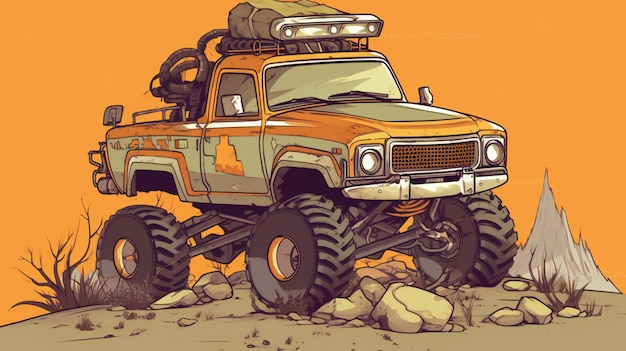 Veículo offroad na ilustração do deserto em fundo laranja