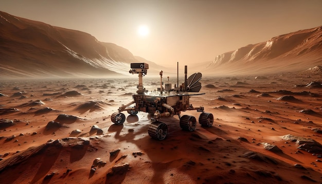 Veículo robótico rover explorando a superfície de Marte conceito de exploração do planeta fundo