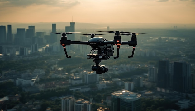 Veículos aéreos modernos pairam no ar sobre o horizonte da cidade ao entardecer, gerados por inteligência artificial