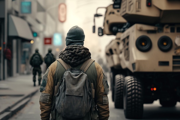 Veículos militares atravessam a preparação da cidade para ilustração de arte abstrata de guerra Generative AI
