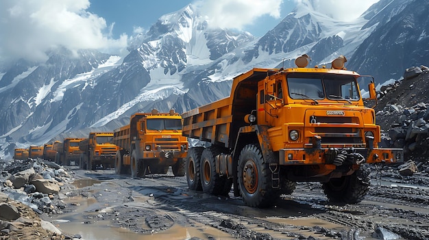Foto veículos pesados estacionam na mineração com fundo de montanha de gelo