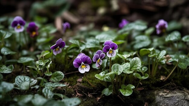 Veilchen wachsen in einer friedlichen, von der KI generierten Gartenumgebung