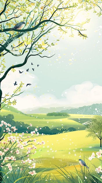 Veinte términos solares del equinoccio de primavera lluvia de granos claros ilustración de dibujos animados en 3D