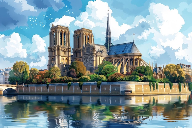 Veja a Notre-Dame de Paris com seu reflexo no Sena neste vetor gerado pela IA incorporando