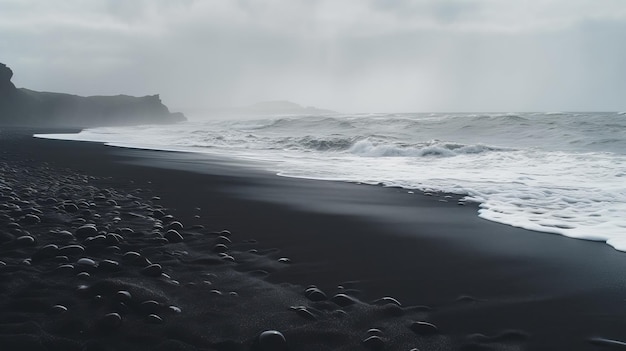Veja as ondas do Oceano Atlântico na costa de areia escura na Islândia AI Generated