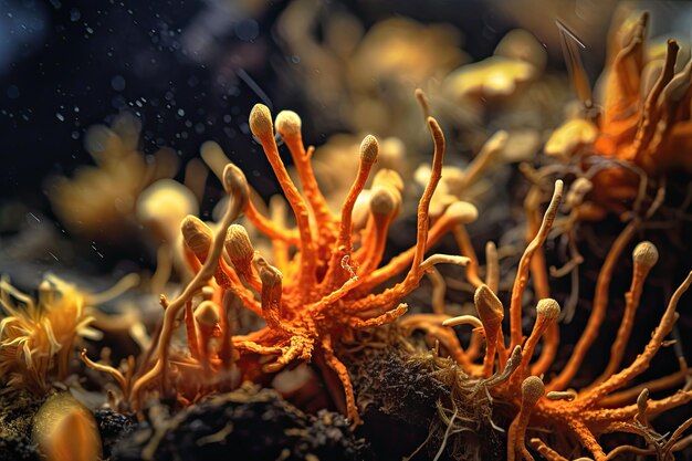 Veja ophiocordyceps e cordyceps os fungos zumbi macro ilustrações em close-up