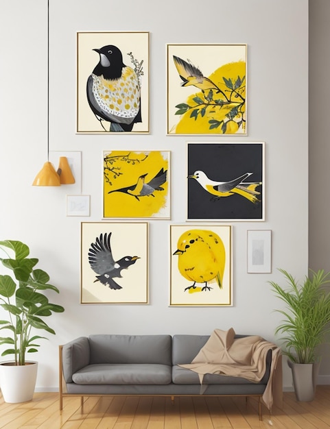 Vektor abstrakte Natur und Vögel sonnengelbe Kunst Aquarell Wandmalerei Poster und Drucke