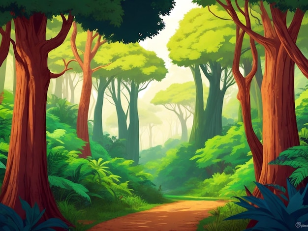 Vektor afrikanischer Waldlandschaft Hintergrund mit einem Wanderweg und vielen Bäumen