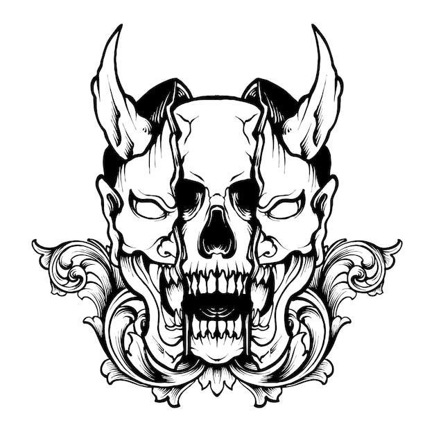 Vektor-Bnw-Schädel mit Hannya-Maskenillustration
