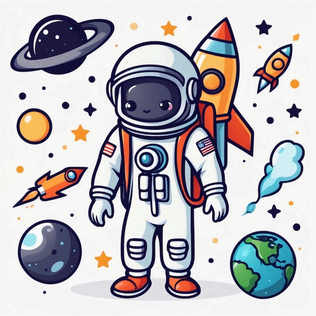 Foto vektor cute astronaut mit raketenbeutel zeichentrickfilm-vektor-illustration
