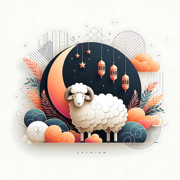 Vektor Eid al Adha ein Schaf steht vor einem Mond und Lichtern